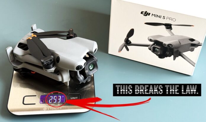 DJI Mini 5 Pro drone folded on a digital scale displaying 253 grams.