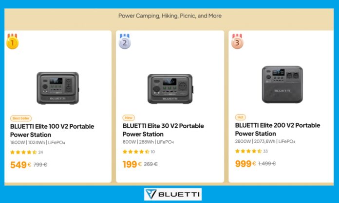 BLUETTI Elite V2 series comparison photo showing Elite 30 V2, 100 V2 and 200 V2 power stations side by side